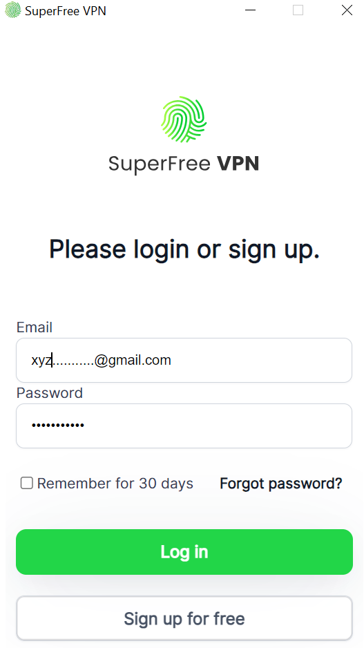 SuperFree VPN log in page