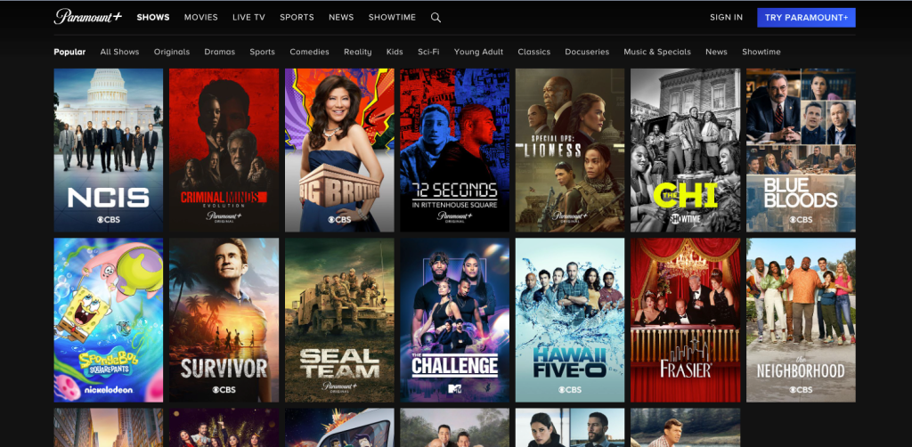 Paramount Plus Main Page