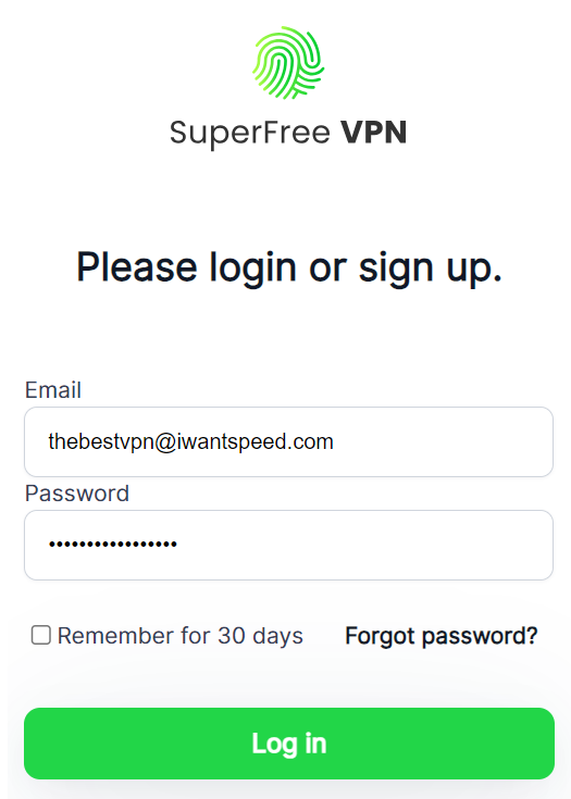 SuperFree VPN Login Screen