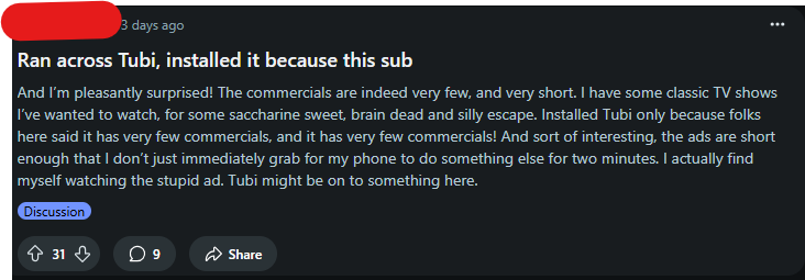 Tubi review by reddit user