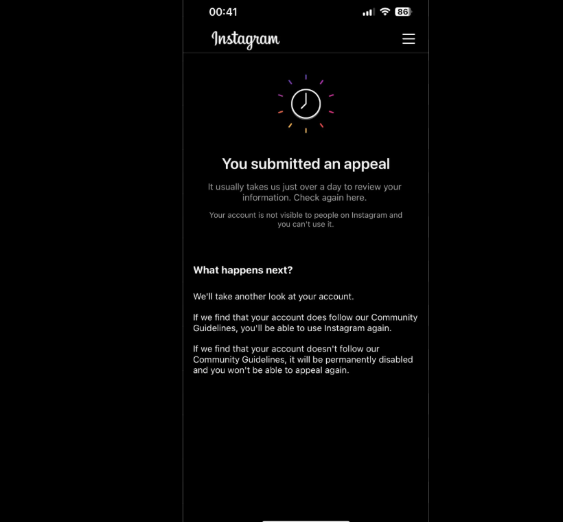 wait for instagram reply after appealing