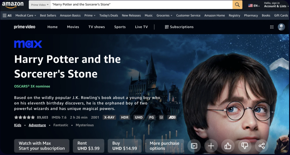 buy/rent Harry Potter on Amazon Prime
