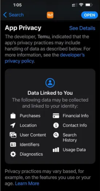 Temu app permissions