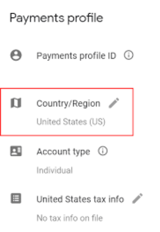 Google Payments Country Settings