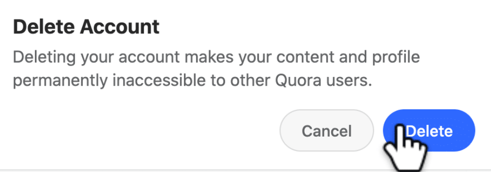 Quora account deletion confirmation